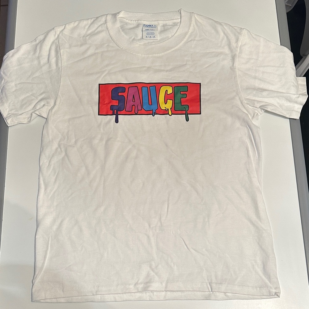 Gildan White Tee with Multicolor 'SAUCE' Design